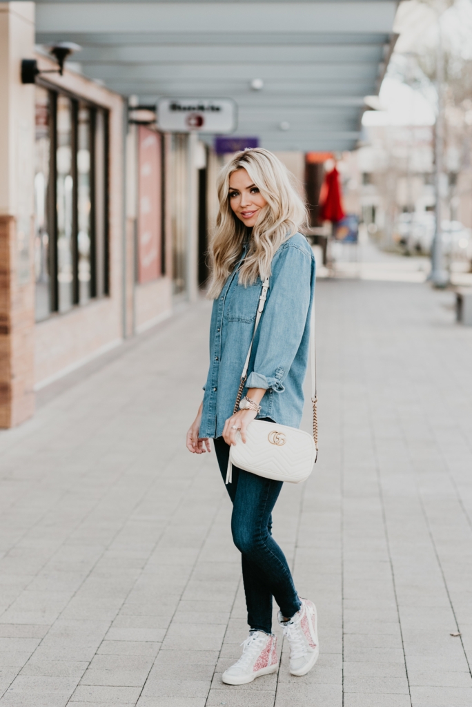 Oversized Chambray with Leggings and Brown Riding Boots
