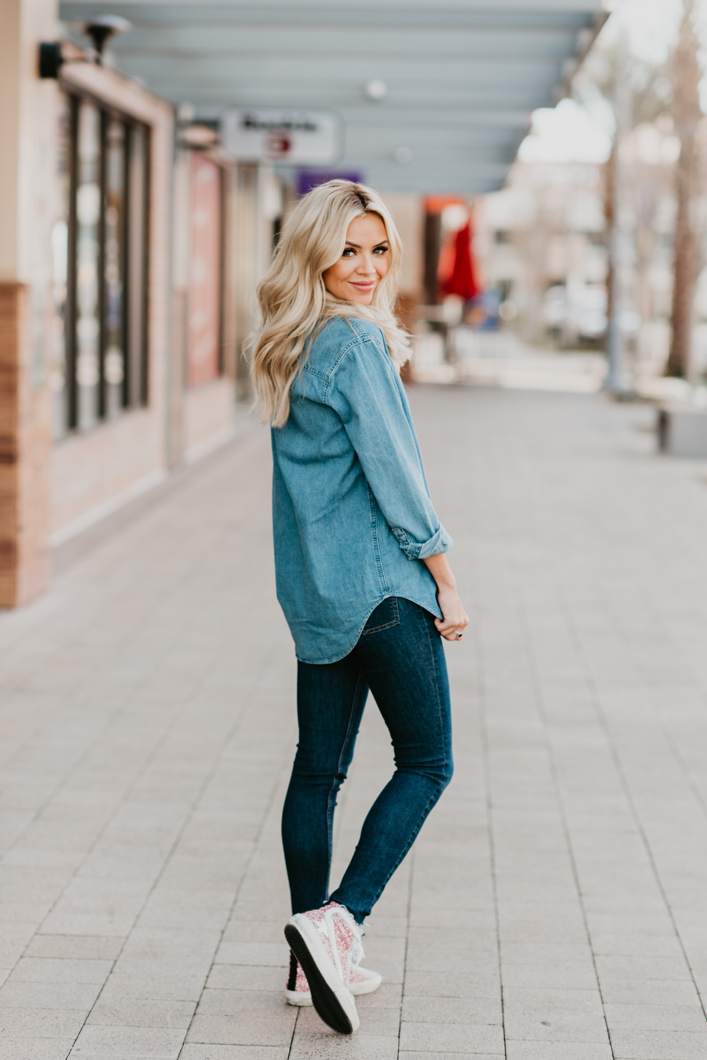 white denim shirt outfit